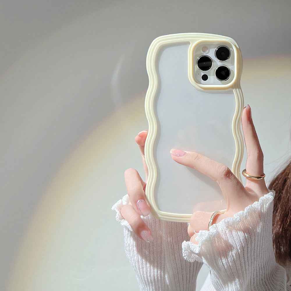 Yellow silicone iPhone case with wavy candy border and raised camera cutouts