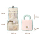 Two hanging toiletry bags shown closed and open, with mesh compartments