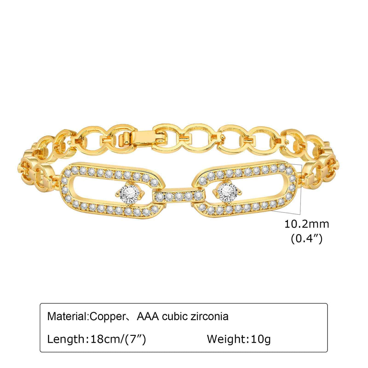 Gold-tone bracelet with two heart-shaped crystal panels and adjustable clasp, zircon shine