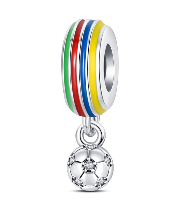 Rainbow striped charm bead with hanging soccer ball dangle, silver-tone