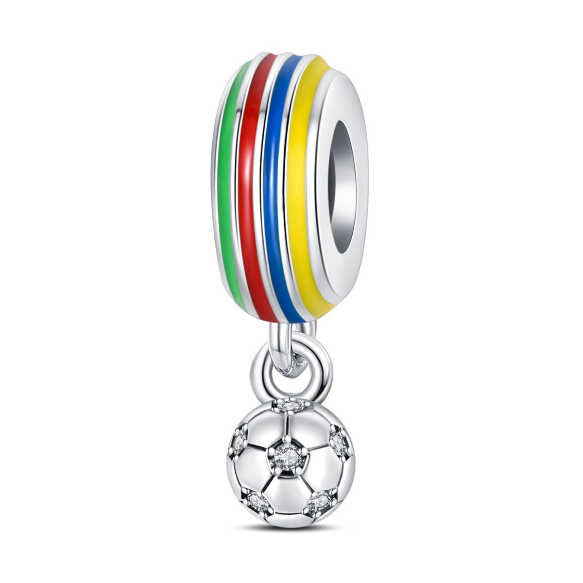 Rainbow striped charm bead with hanging soccer ball dangle, silver-tone