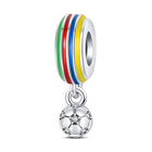 Rainbow striped charm bead with hanging soccer ball dangle, silver-tone