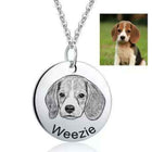 Silver photo necklace with round dog pendant, engraved name Weezie.