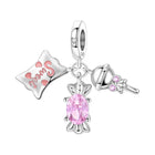 Pink crystal teddy charm bead pendant with smiling face, pink stones, and silver links