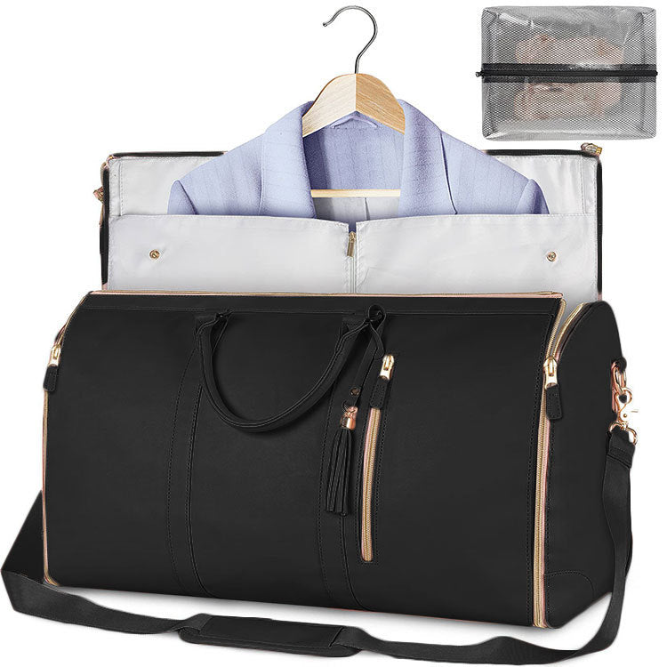 Large foldable waterproof duffle bag, black with front zipper pocket and detachable strap