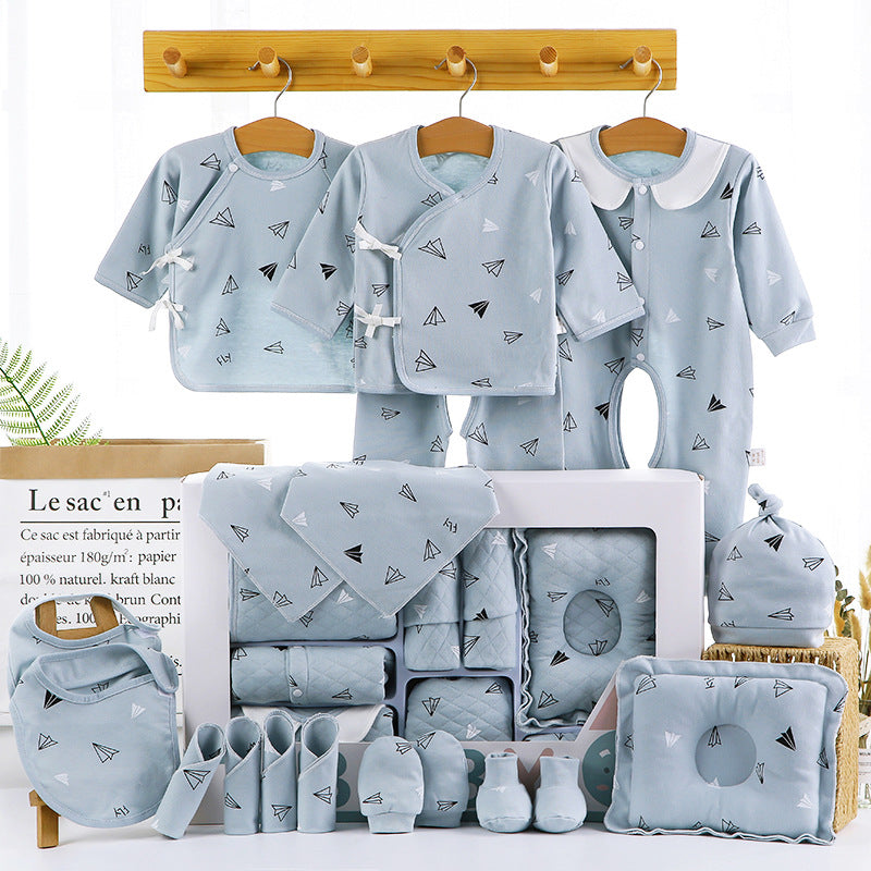Blue newborn clothing gift set with long-sleeve tops, pants, bibs, socks, and blanket