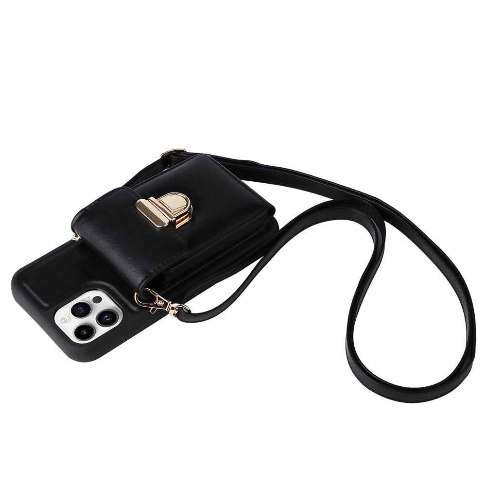 Black phone case with wrist strap and front buckle, flip flap cover with camera cutout