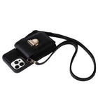 Black phone case with wrist strap and front buckle, flip flap cover with camera cutout