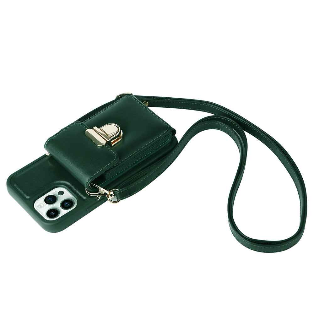 Dark green phone case with wrist strap and front buckle, pocket-style flap with camera holes