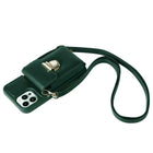 Dark green phone case with wrist strap and front buckle, pocket-style flap with camera holes