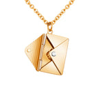 Gold envelope letter pendant necklace with interlocking flap design and chain