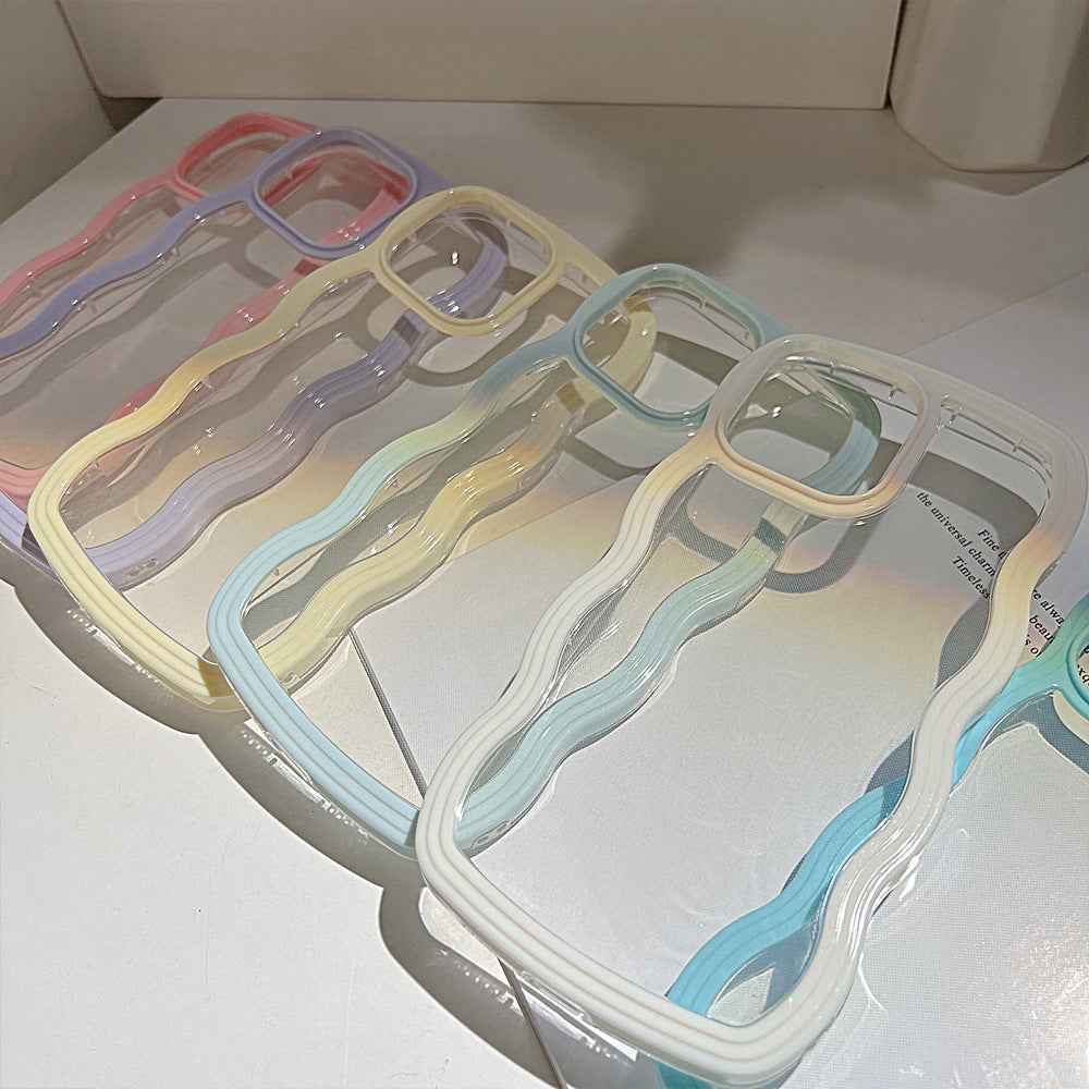 Transparent silicone iPhone case with multicolor pastel wavy border trim and camera cutouts