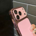 Rose-pink phone case with raised camera lens guard and cutouts for ports