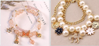 Bracelet duo: pearl gold-tone bracelet with blue flower and horse, plus pink crystal beaded bracelet