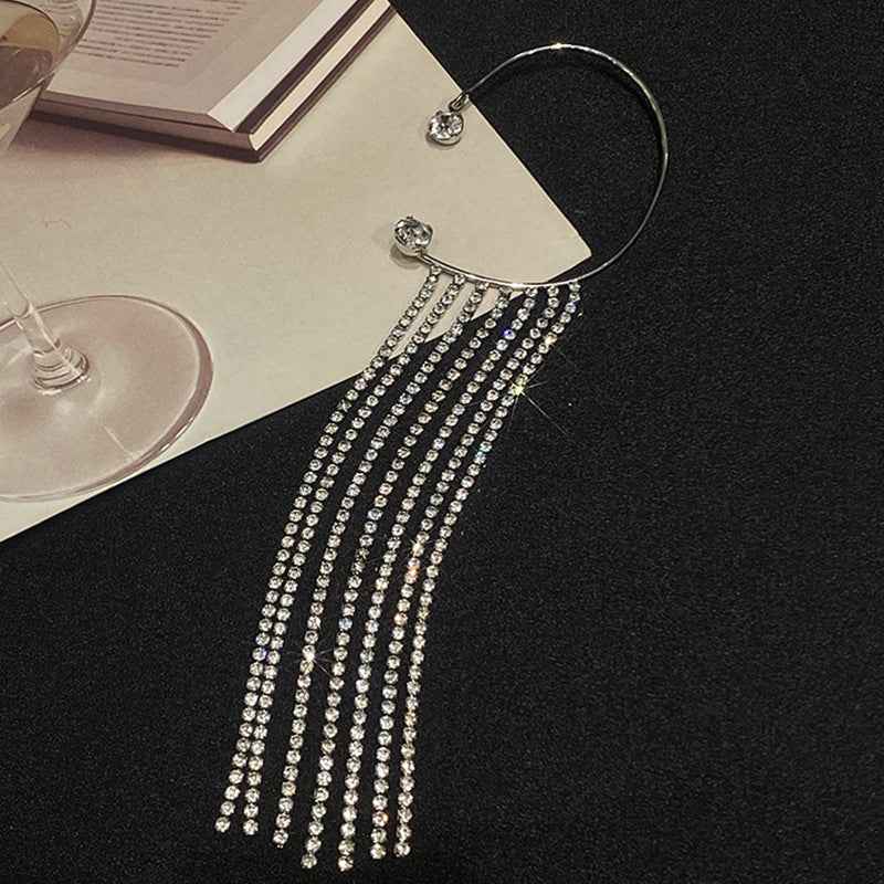 Silver long tassel earrings with multiple rhinestone strands and hoop ear hooks