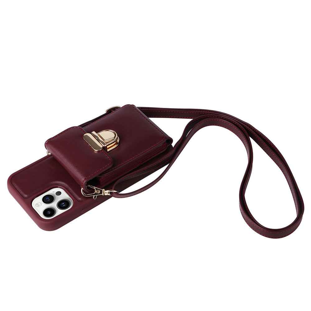 Women's phone wallet case with wrist strap, front flap and gold-tone clasp