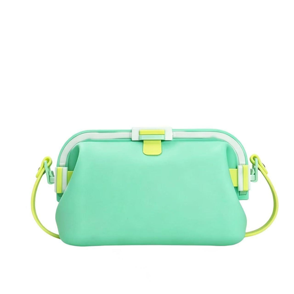 Waterproof silicone pouch in mint green with clear frame, lime clip, and side carry loops