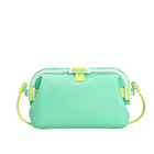 Waterproof silicone pouch in mint green with clear frame, lime clip, and side carry loops