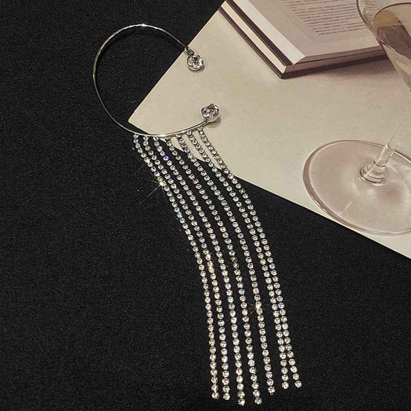 Silver rhinestone fringe tassel earrings with hoop ear hooks and round studs