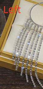 Silver hoop earrings with rhinestone tassel fringe and dangling chains
