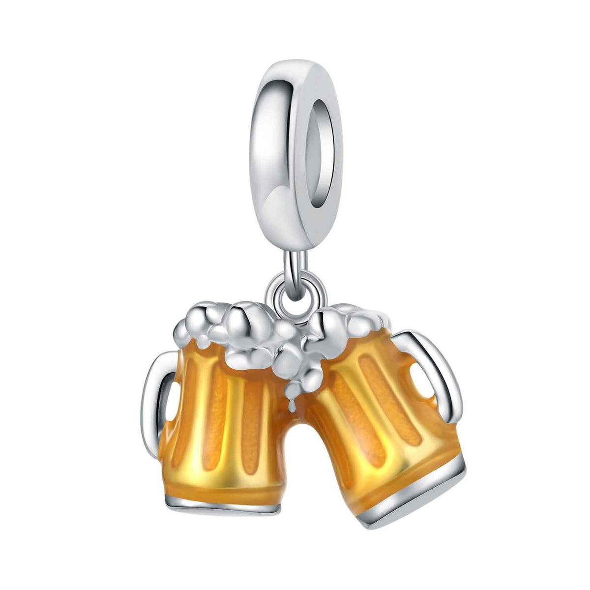 Double beer mug charm bead pendant with gold beer tones and silver foam accents