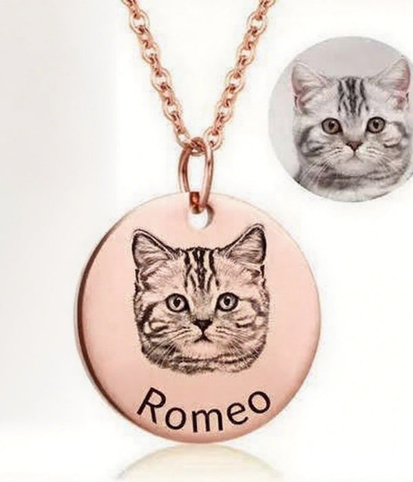 Rose gold photo necklace with round cat pendant, engraved name Romeo.