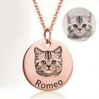Rose gold photo necklace with round cat pendant, engraved name Romeo.