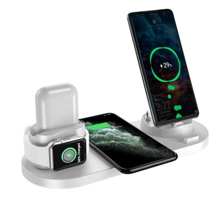6-in-1 wireless charging station, white base with phone stand, watch dock, and earbuds holder