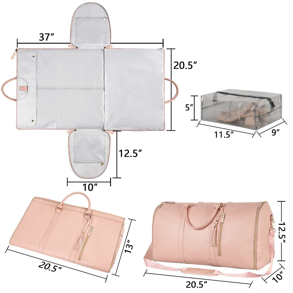 Foldable waterproof duffle bag with dimensions diagram and compact storage bag