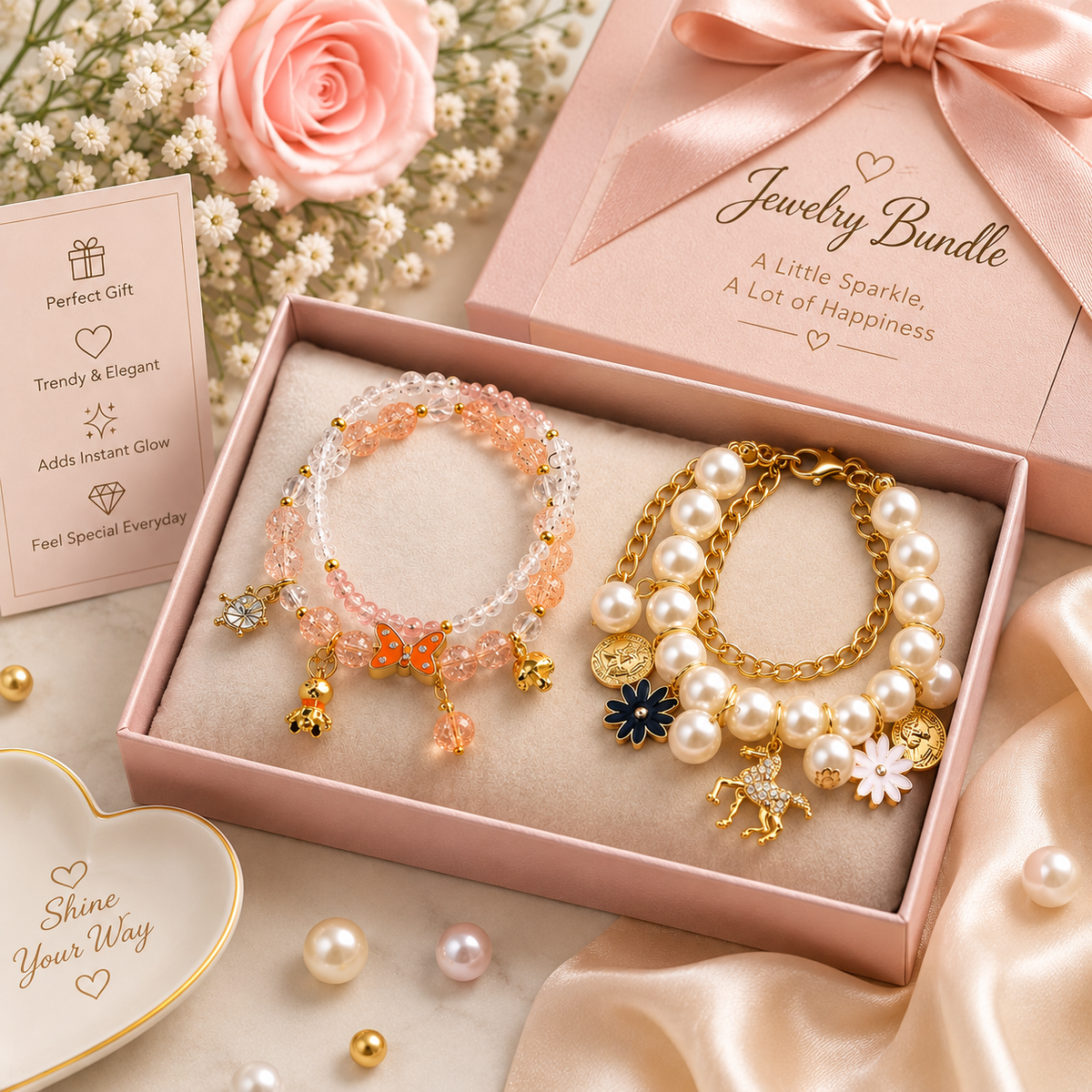 Pearl and crystal charm bracelet set, gold chain with dangling flower and bow charms