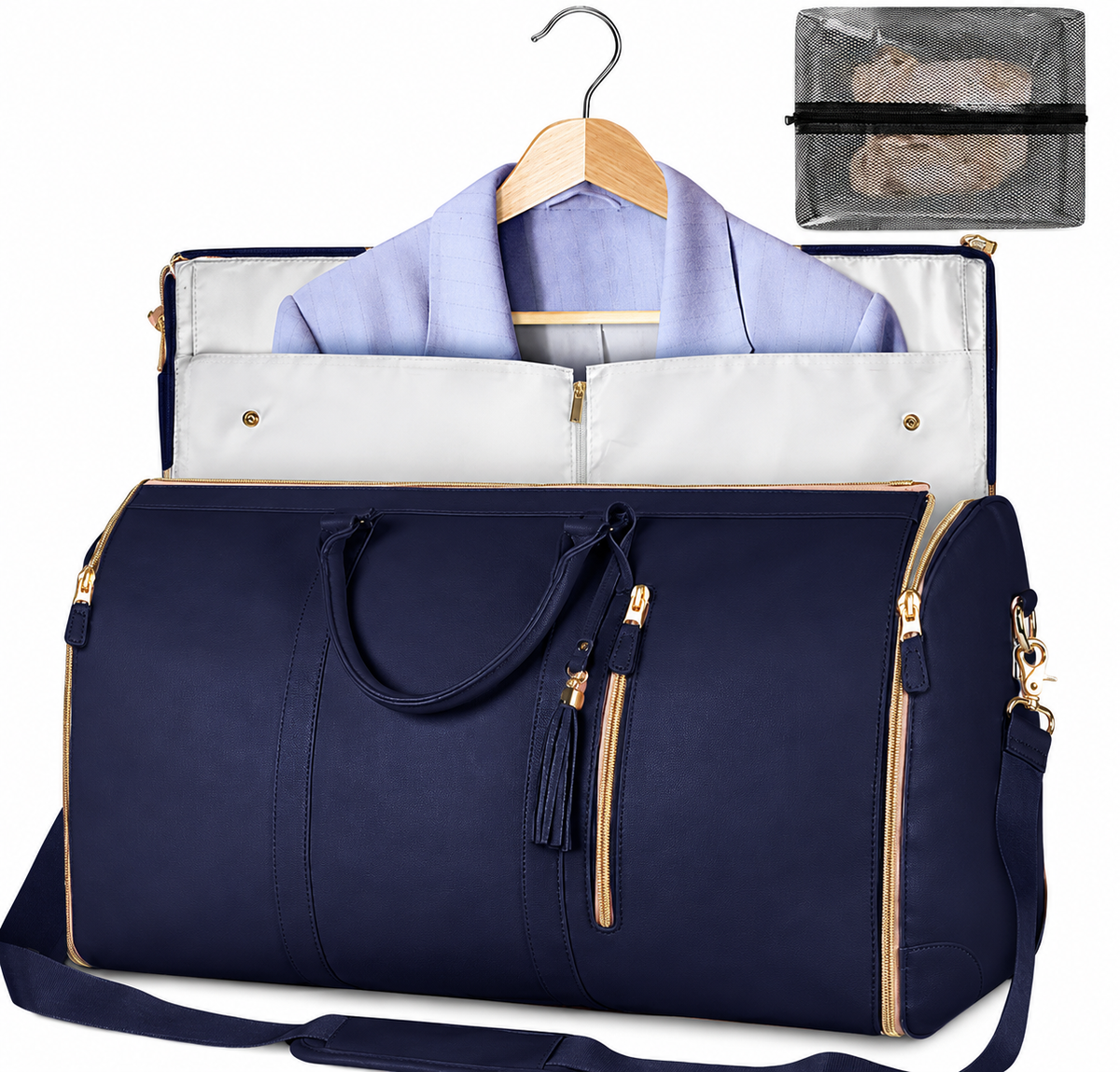 Large foldable waterproof duffle bag, navy blue with front zipper pocket and detachable strap