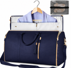 Large foldable waterproof duffle bag, navy blue with front zipper pocket and detachable strap