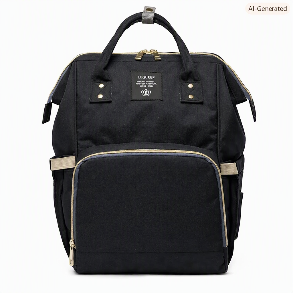 Black diaper backpack with front zip compartment, beige piping, and top carry handles