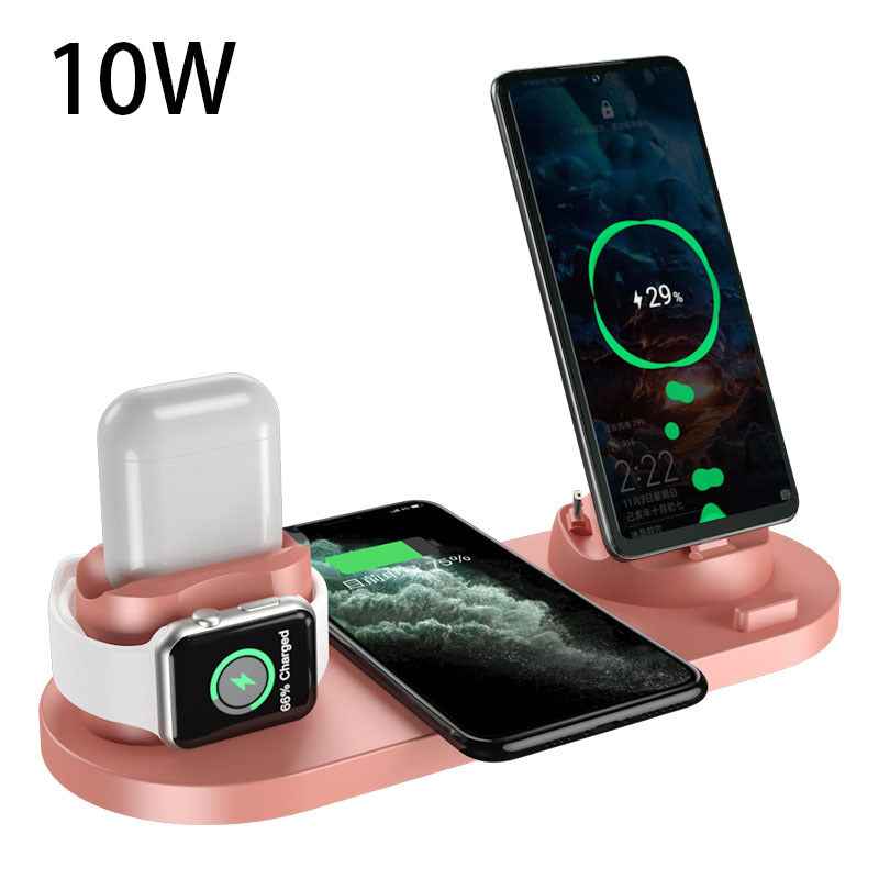 6-in-1 wireless charging station, 10W pink base with phone, watch, and earbuds charging docks