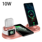 6-in-1 wireless charging station, 10W pink base with phone, watch, and earbuds charging docks