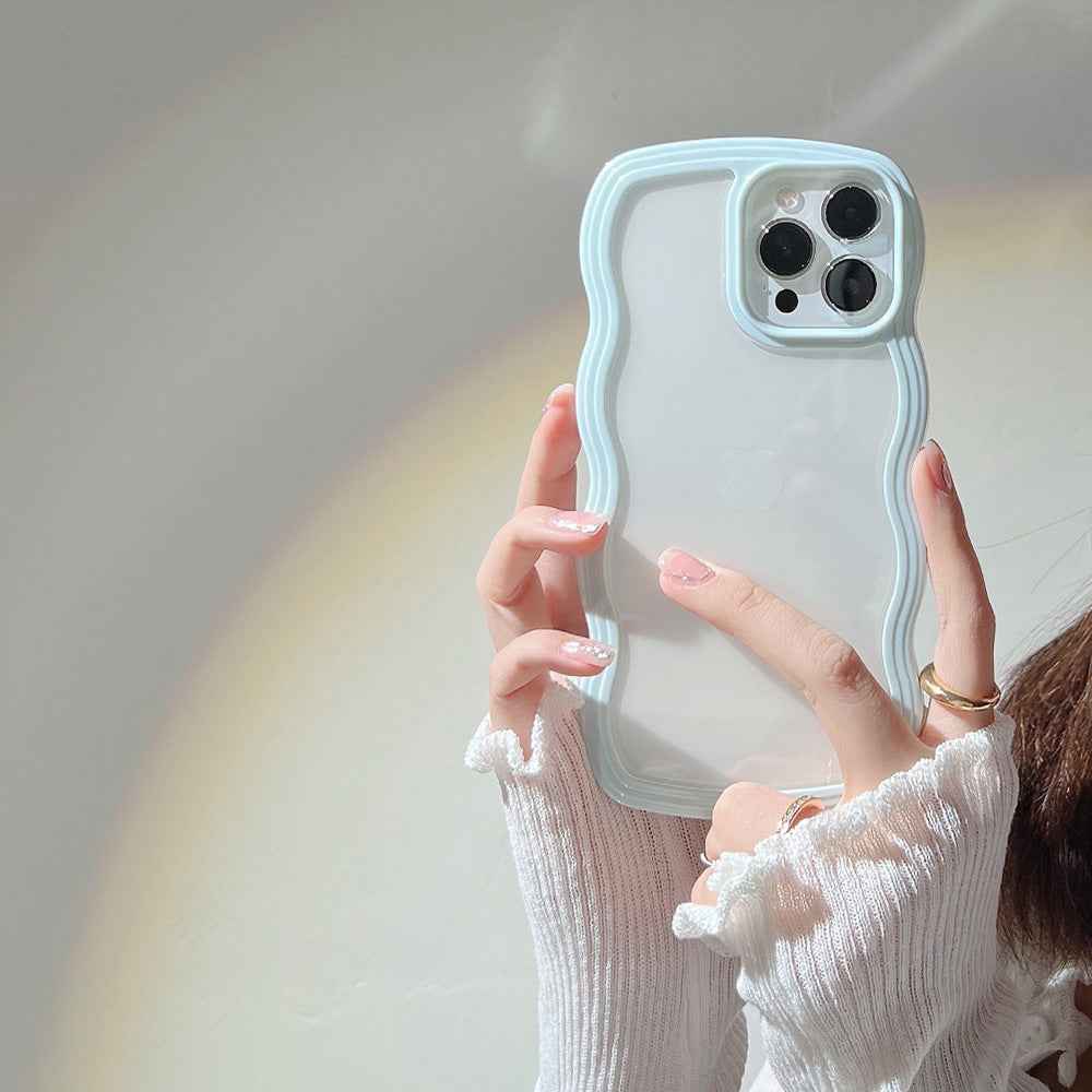 Light blue silicone iPhone case with wavy candy border and raised camera cutouts