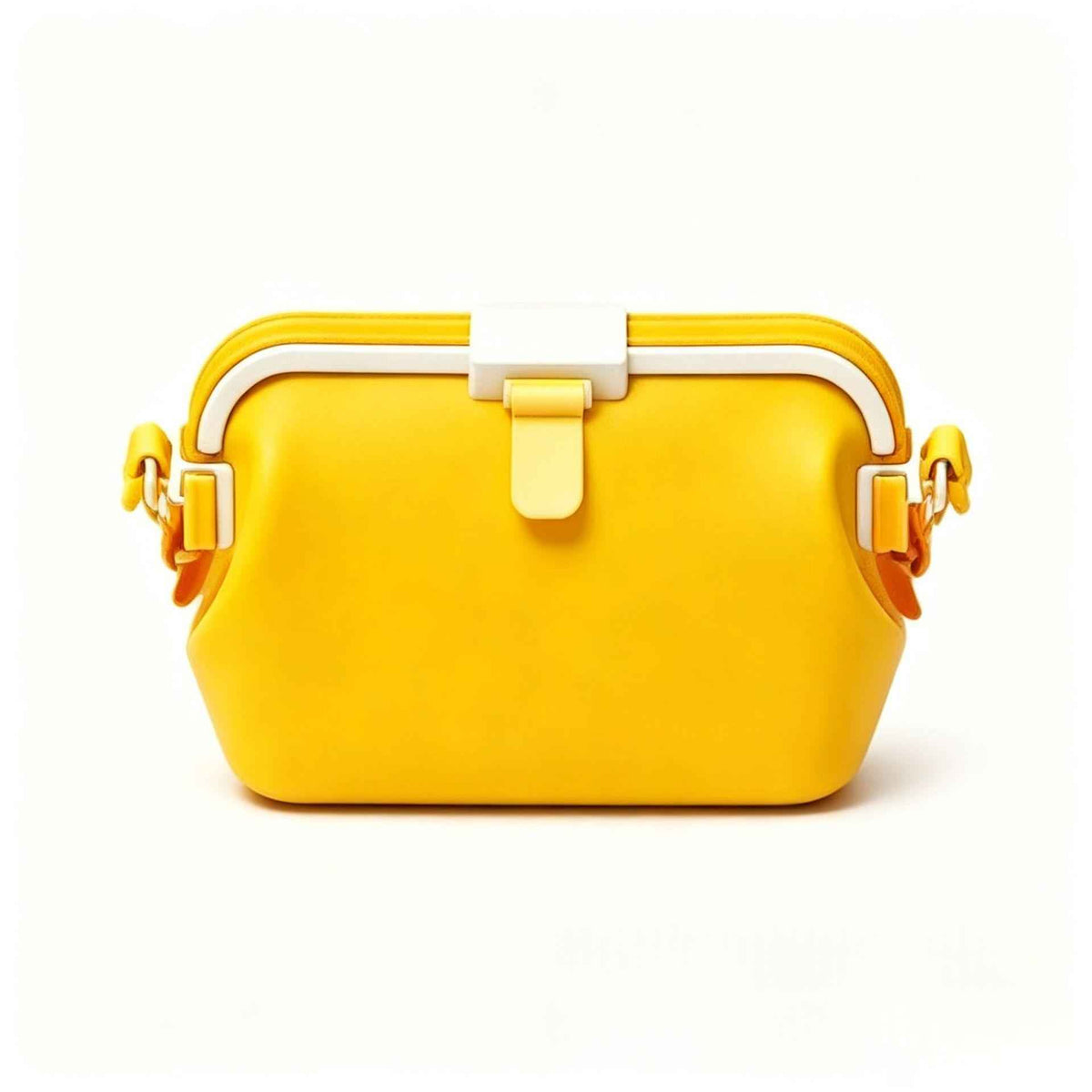 Waterproof silicone pouch in yellow with white clasp and orange side carry clips