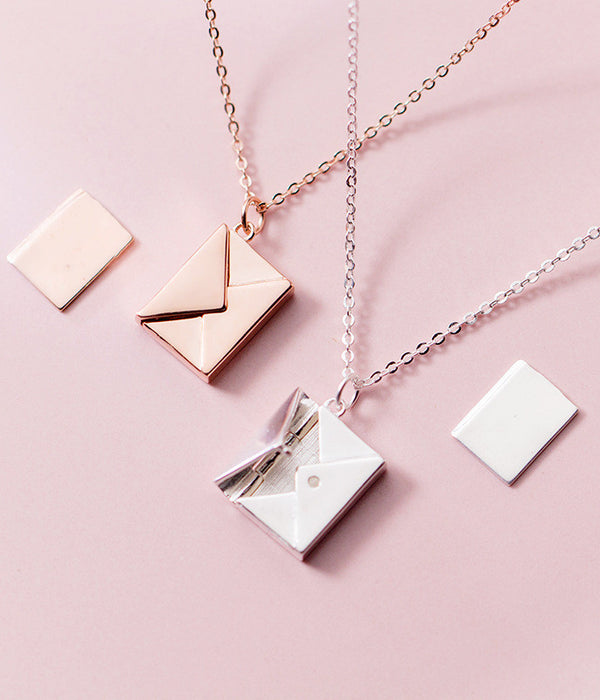 Rose gold envelope pendant necklace with heart-letter design and chain