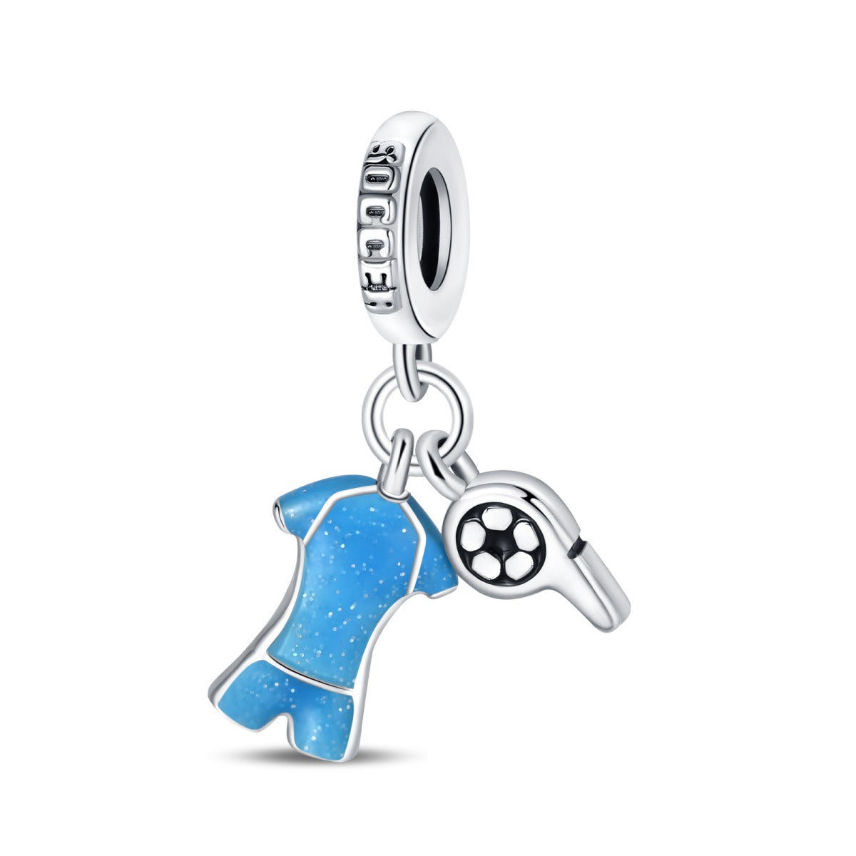 Blue jersey charm with soccer ball pendant, silver-tone bead cap