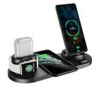 6-in-1 wireless charging station, dark base with phone stand, watch dock, and earbuds holder