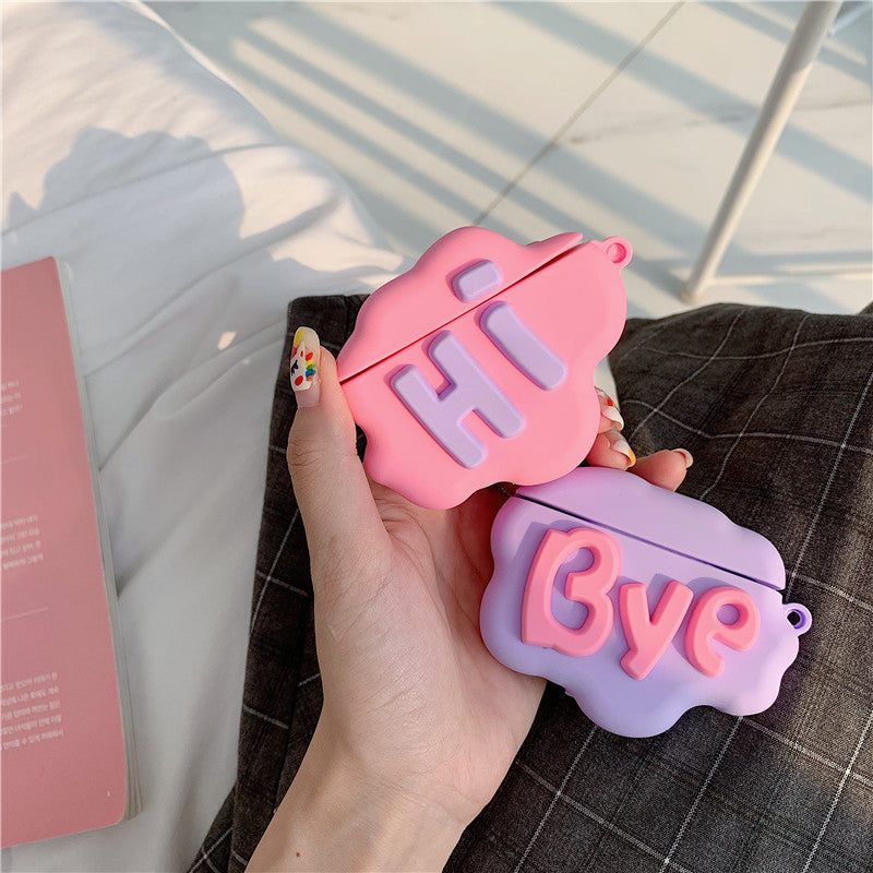 Cloud silicone AirPods cases in pink and purple with “Hi” and “Bye” lettering, both open
