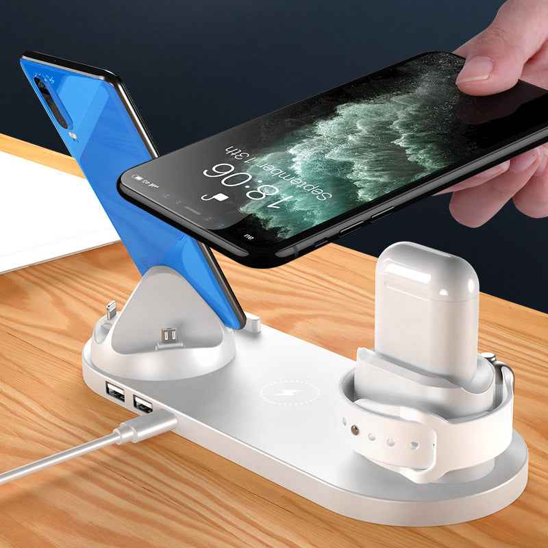 6-in-1 wireless charging station, white base with phone cradle and watch and earbuds docks