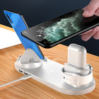6-in-1 wireless charging station, white base with phone cradle and watch and earbuds docks