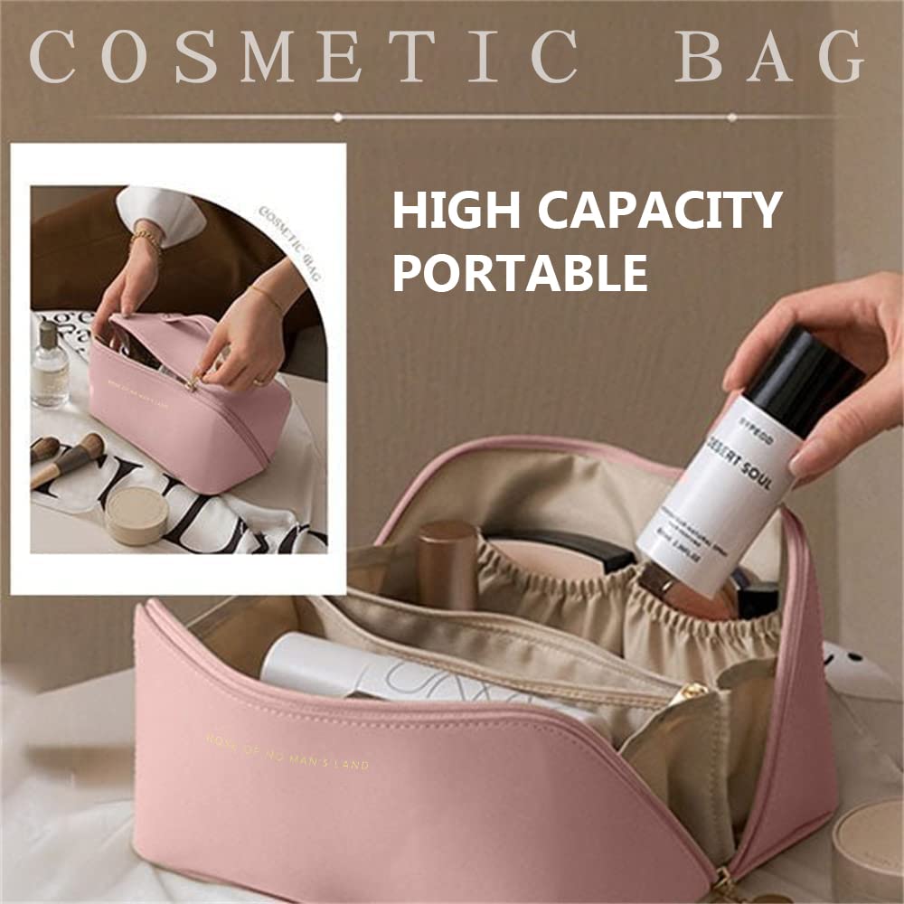 Rose pink cosmetic bag opened with zip top and inner organizer pockets