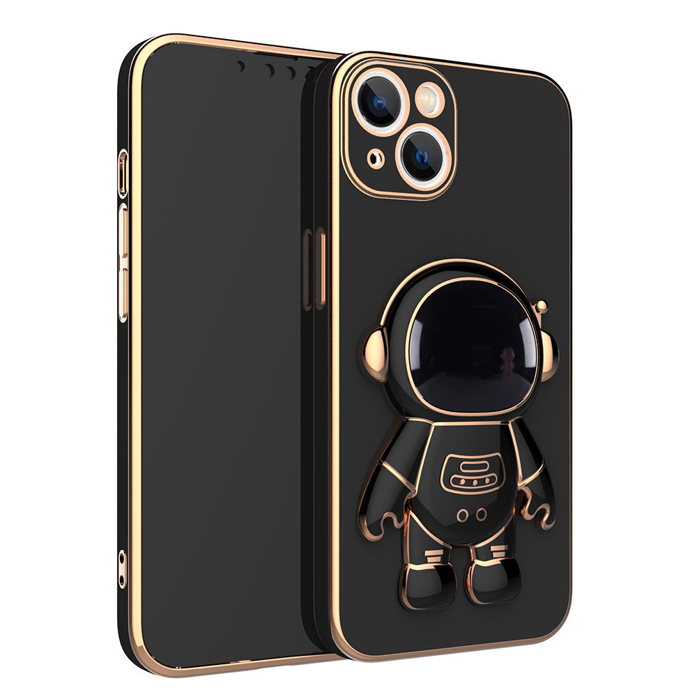 Black phone case with 3D astronaut charm, ring grip, and dual camera cutouts