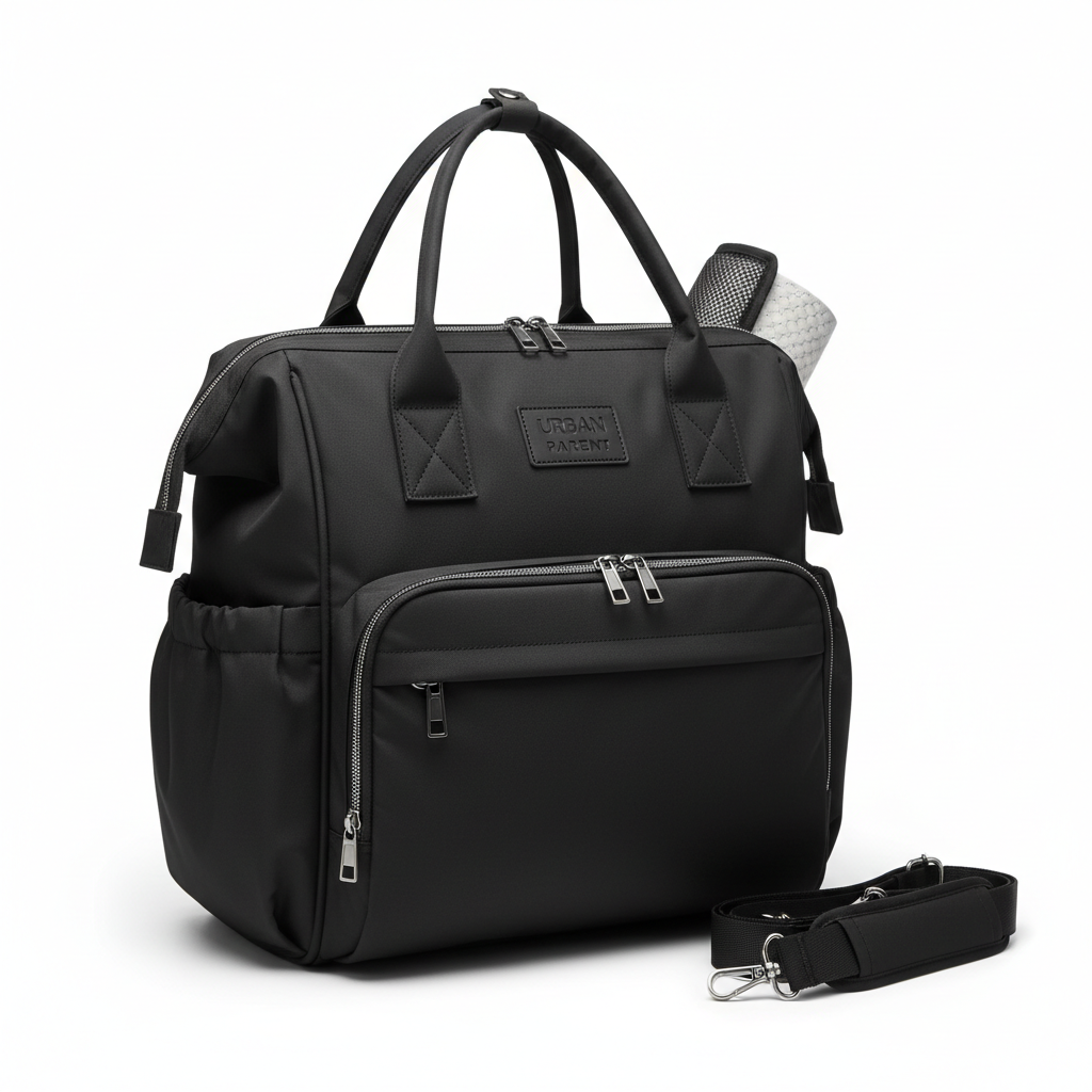Black maternity diaper bag with front zip pocket and detachable shoulder strap