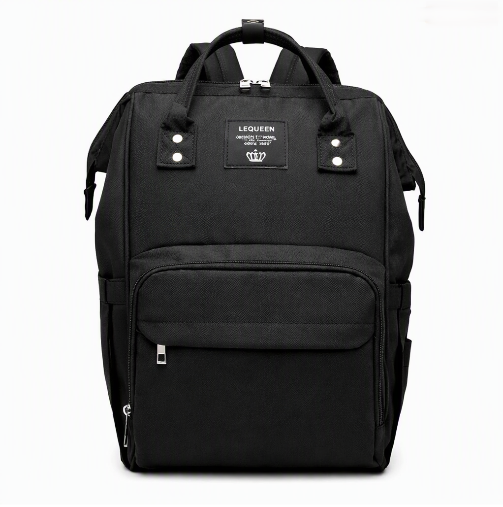 Black fabric diaper backpack with wide front zip pocket and side bottle holders