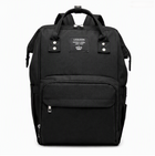 Black fabric diaper backpack with wide front zip pocket and side bottle holders