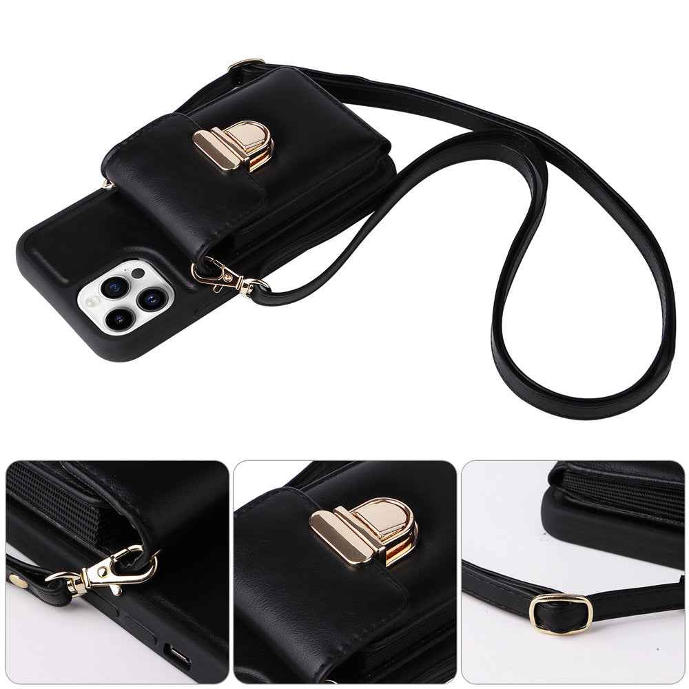 Black phone case with detachable wrist strap and front buckle, flap cover detail