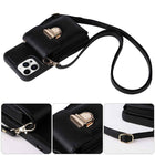 Black phone case with detachable wrist strap and front buckle, flap cover detail